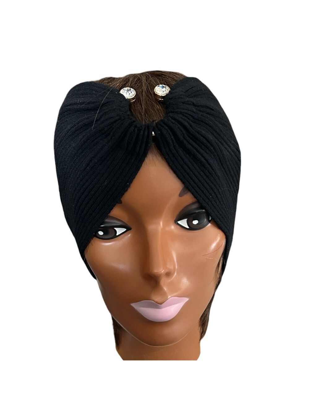 Black Stretch Headband Turban Style Head Wrap with 2 Large Rhinestone Accents